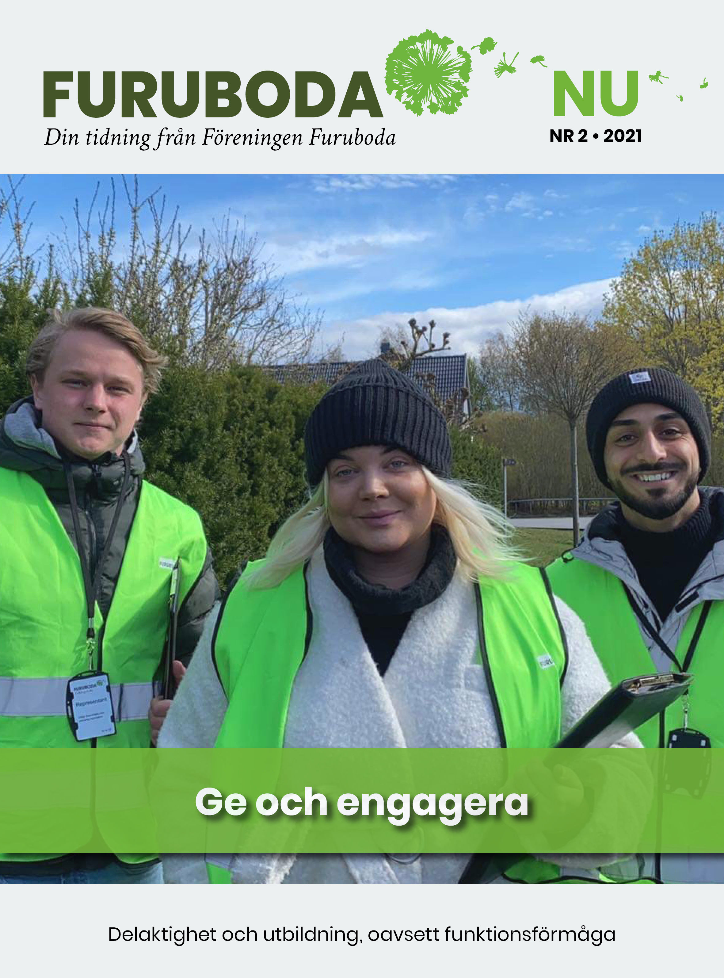 Framsida av tidningen Furuboda.Nu nr 2 2021 med en bild på tre leende personer i reflexvästar