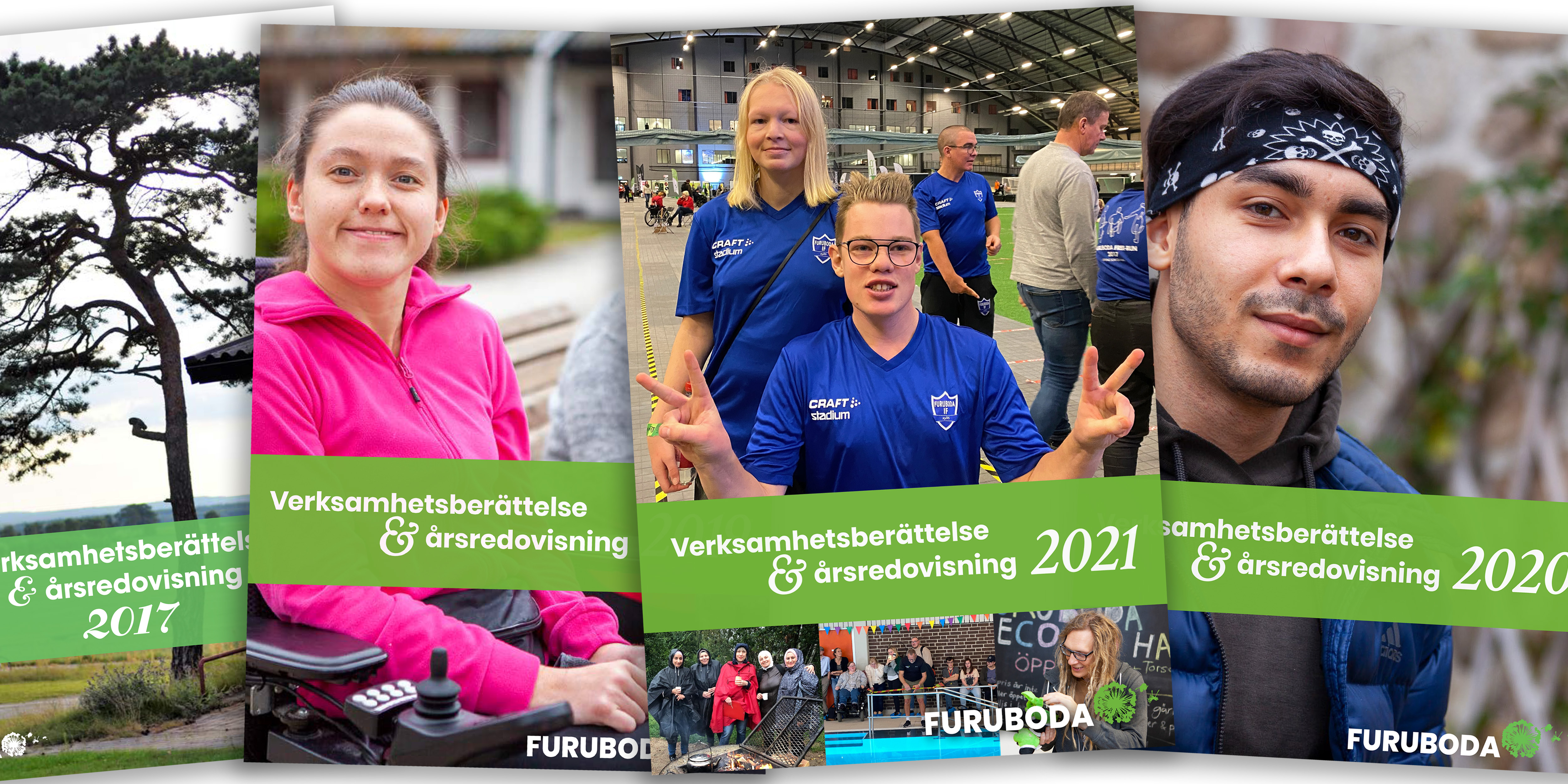 Bilder av framsidan på flera års verksamhetsberättelser