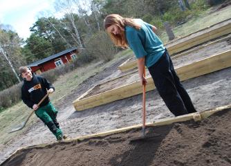 en kille och tjej förbereder plantering i en pallkrage